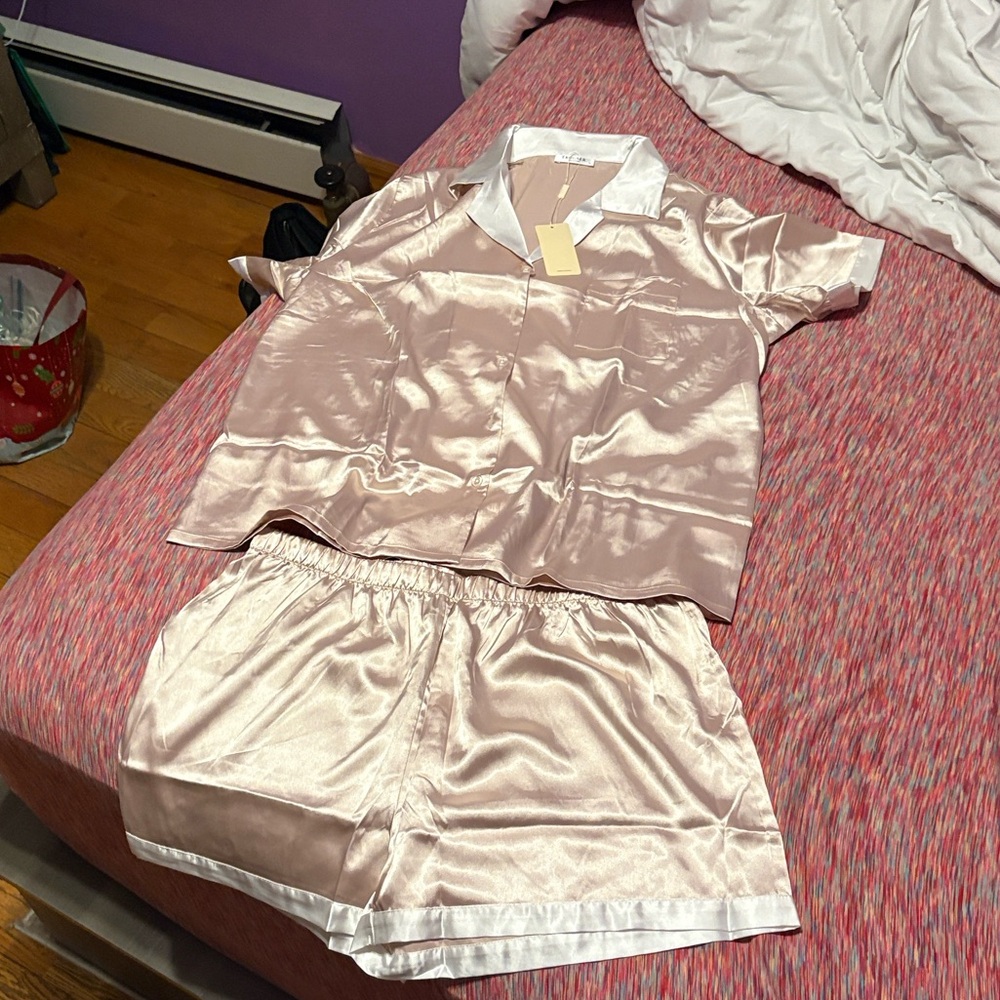 Satin Short Sleeve Pajama Set in Light Blush - Women Intimates